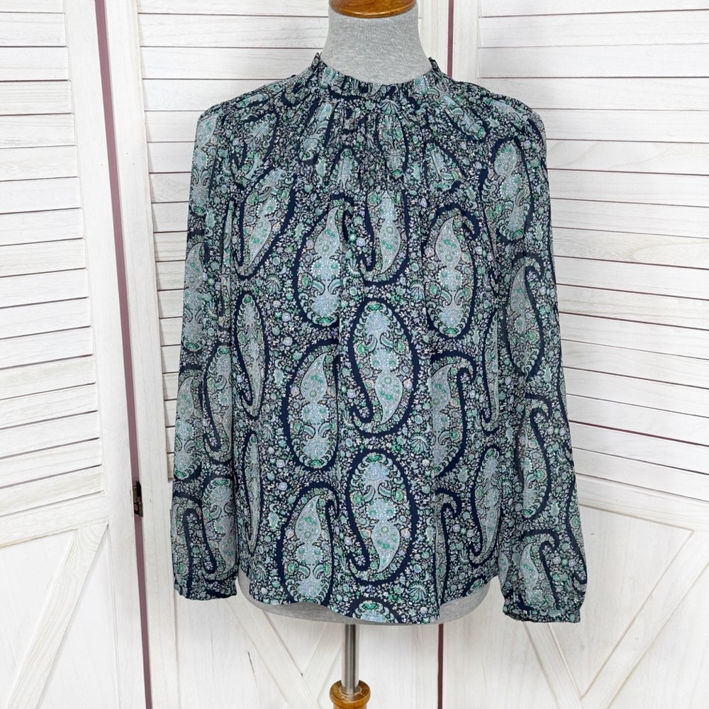 J. Crew Pleated Smocked Crew Neck Floral Paisley Printed Blouse Blue Green Small